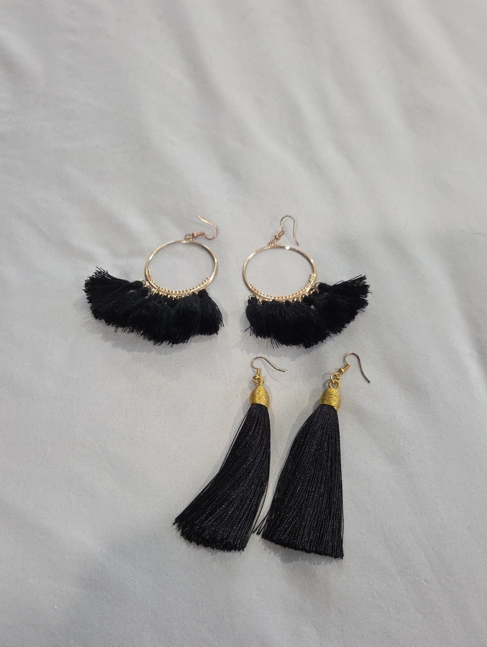 Gold Hoop and Tassel Black Fringe Earrings Set